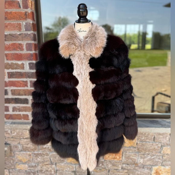 L/XL Black Fox Fur Jacket Puffer Style w/ Amber Fox Trim Real Genuine Fur - Picture 1 of 11